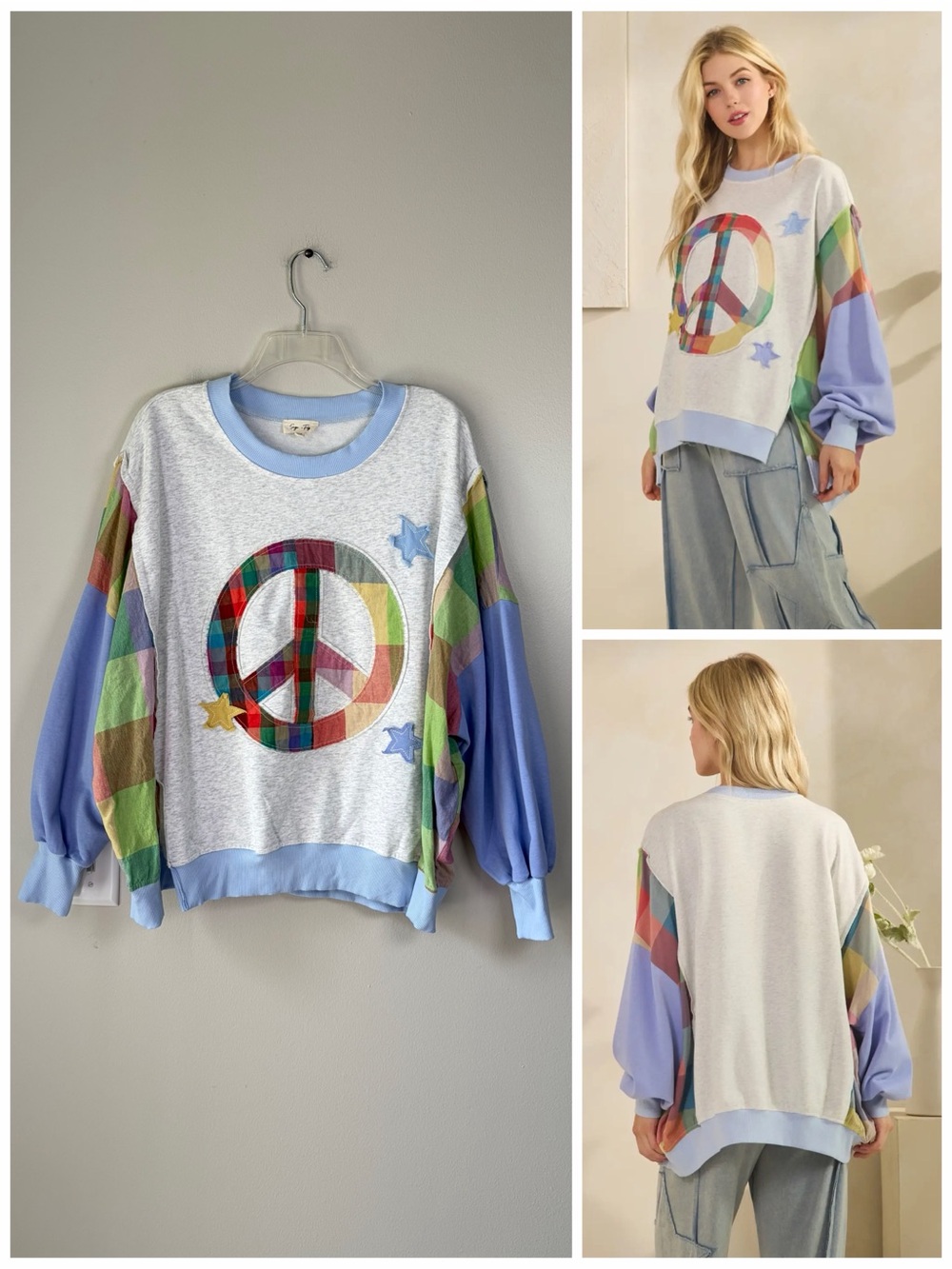 Sage + Fig Patchwork Peace Sign Star Mixed Media Plaid Colorblock Crewneck